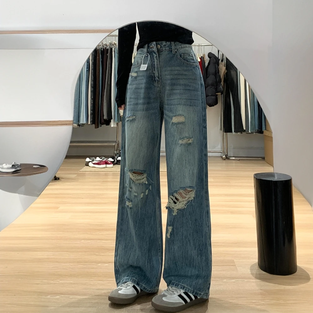 胖mm大码女装复古水洗破洞阔腿牛仔裤女新款裤子高腰显瘦直筒长裤