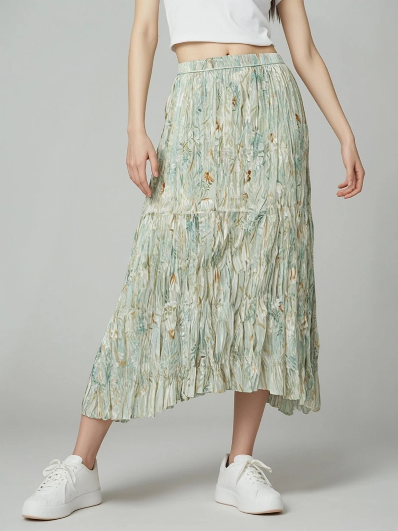 LIURUONAN 24SS 绿色褶皱设计感显瘦女夏季新款女装中长裙子