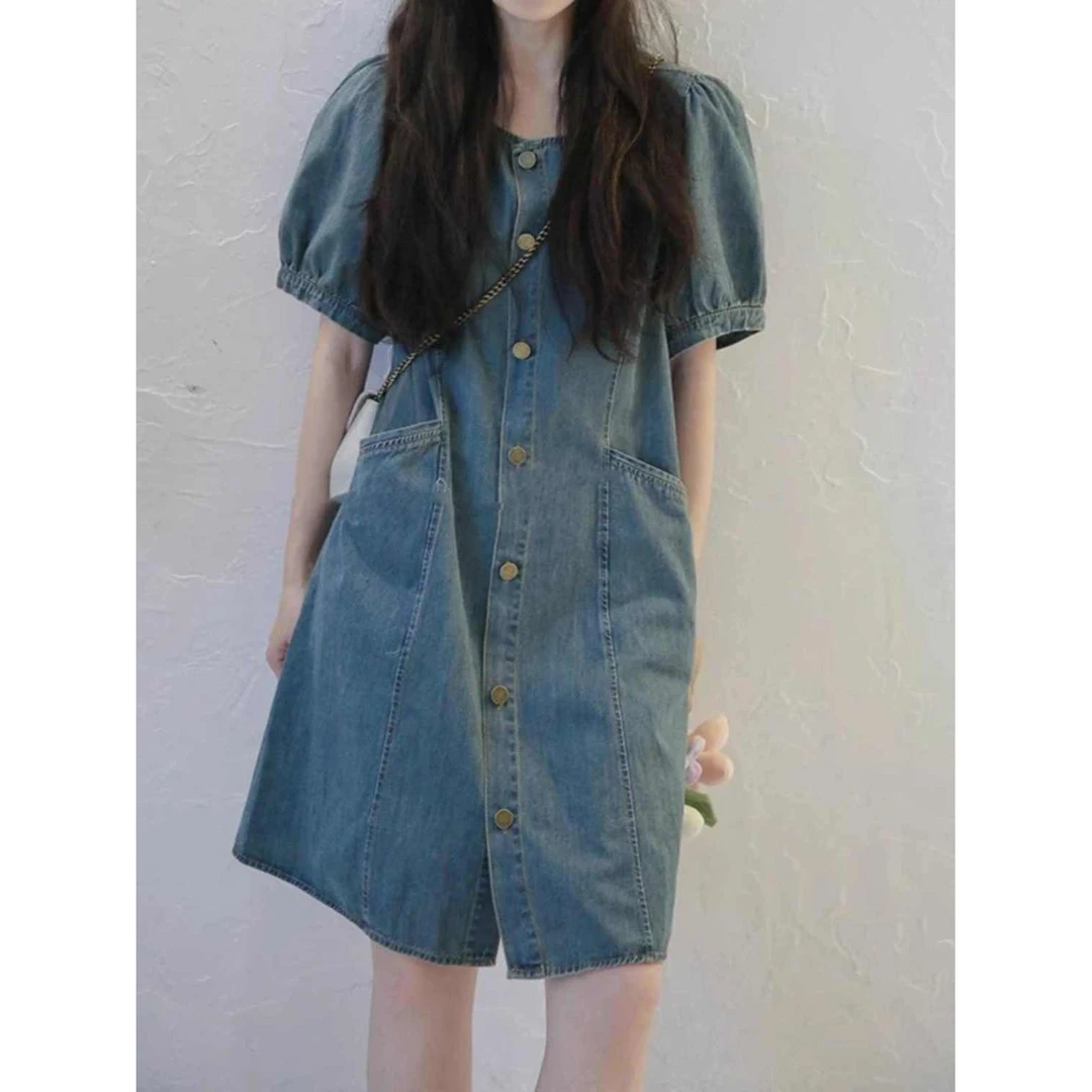 牛仔连衣裙女夏显瘦夏季新款薄款法式泡泡小个子mm收腰气质裙子