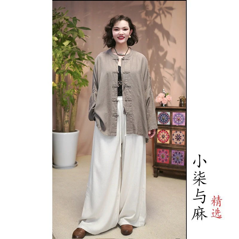 【小柒与麻】（衣长66胸围140）雨露麻中式盘扣小衫外披