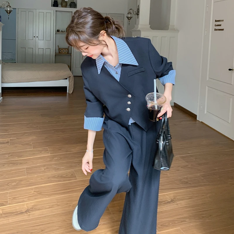 高级感蓝色西装套装女春秋通勤盐系轻熟风减龄独特别致西服两件套