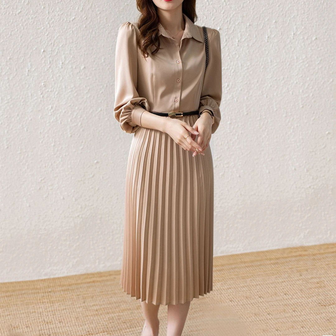 2025非图片款松紧腰套头套头款高腰长袖连衣裙气质