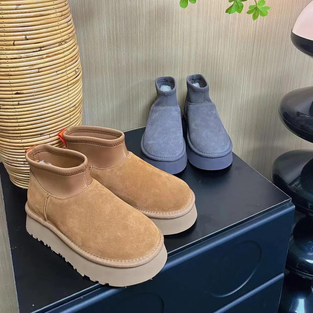 迷你迪普靴桑坡皮毛一体迪普短靴真毛真皮厚底平跟女鞋
