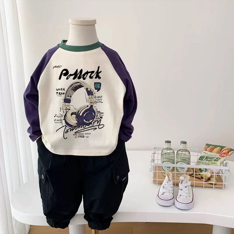 儿童春秋纯棉长袖插肩撞色T恤中小童宝宝男女童圆领印花休闲上衣T