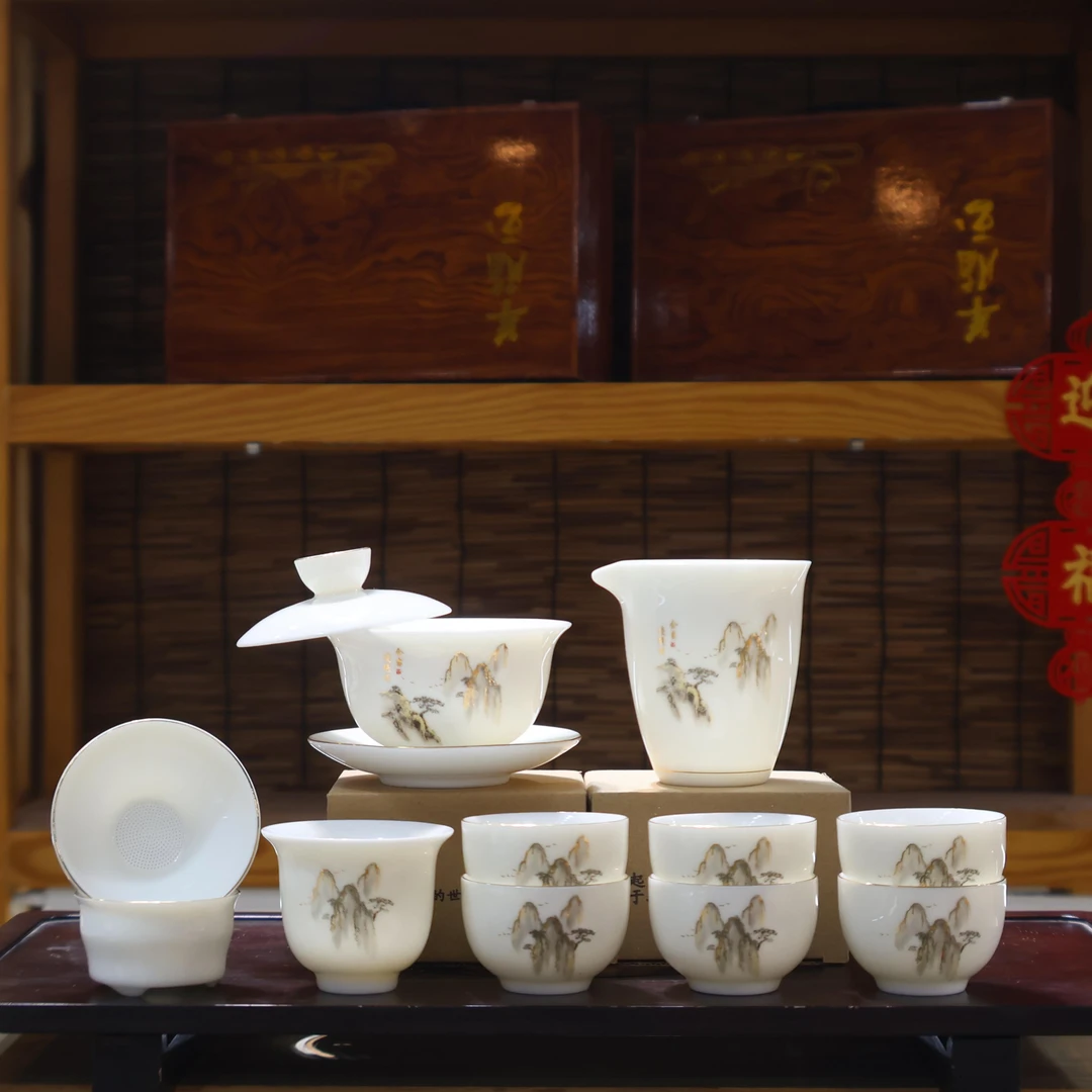 麦城羊脂玉瓷会当凌绝顶茶具套装