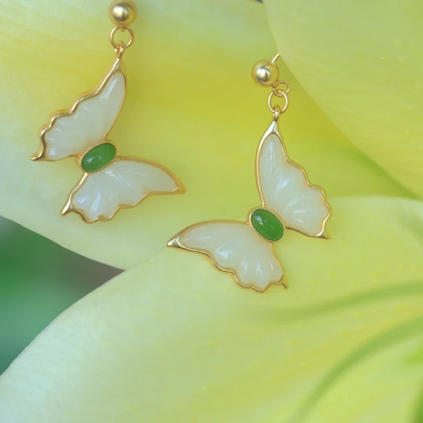 蝶安·银镶和田玉蝴蝶耳坠HG