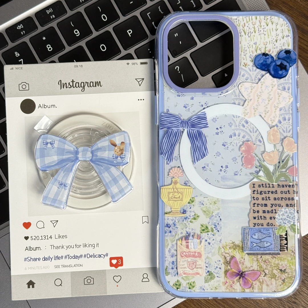 双层磁吸二合一油画花朵蝴蝶结适用16promax手机壳适用iPhone1513