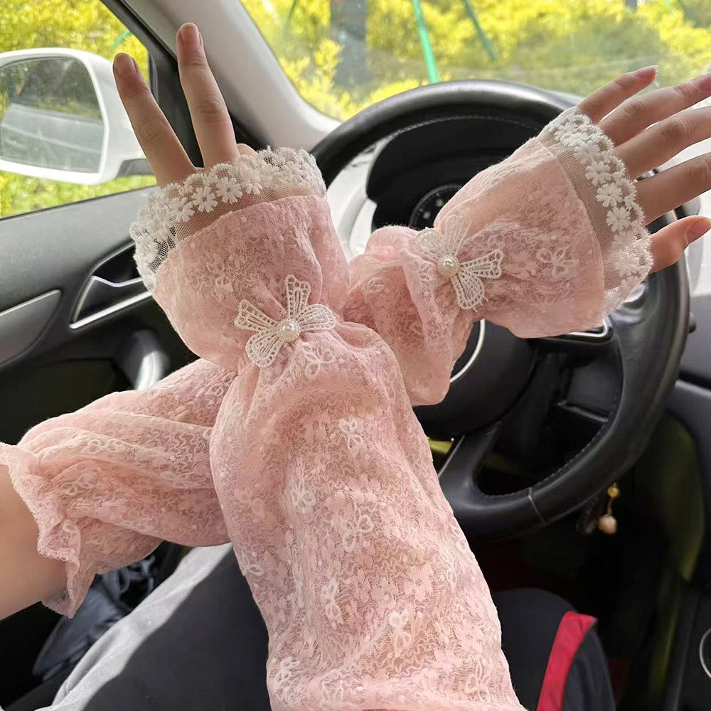 夏季宽松蕾丝防晒袖套女长款冰袖户外开车骑行遮阳护手臂套泡泡袖