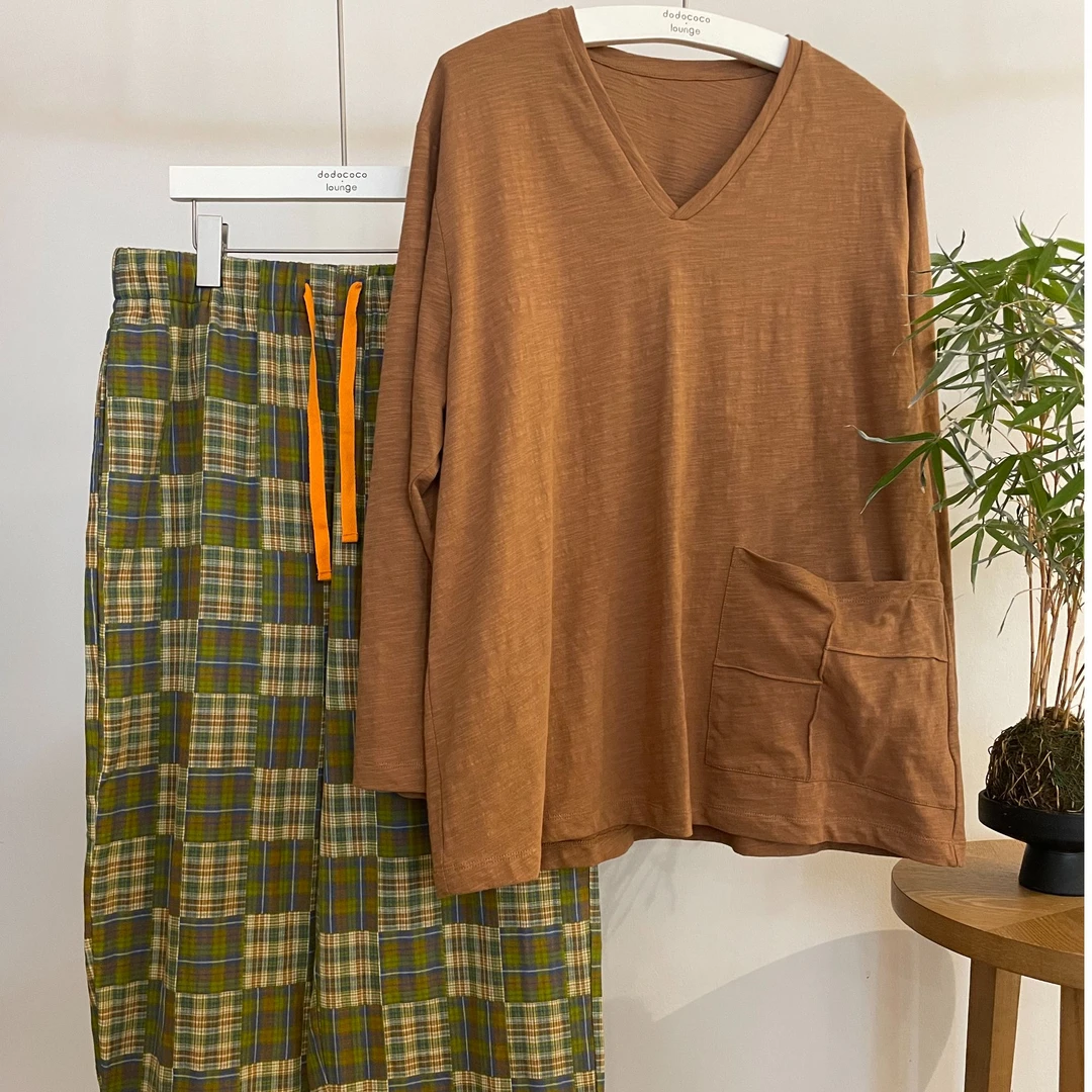 251-415朵朵可可春季新款男款v领纯棉格子舒适家居服套装简约