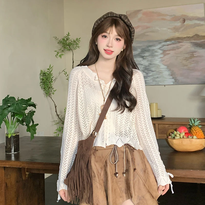 【有吊带~真两件】法式镂空针织衫吊带背心两件套女秋新款长袖上衣