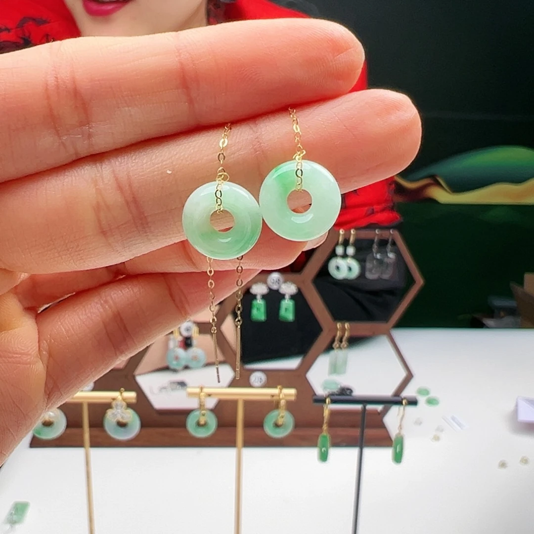 翡翠耳饰18K金镶嵌天然翡翠耳饰18k金镶嵌