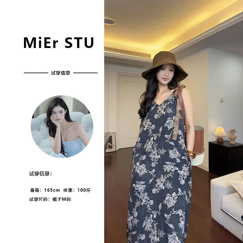 米儿【花间叙】夏季新款复古绑带碎花背心连衣裙2582