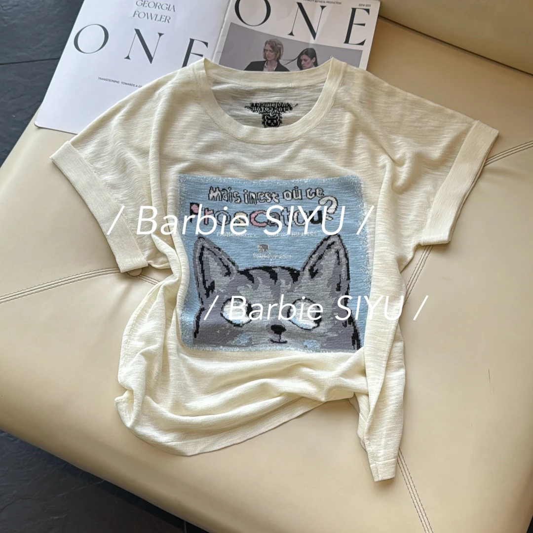 Barbie Siyu【猫咪酱】85765夏季卡通猫咪字母时尚圆领针织短袖