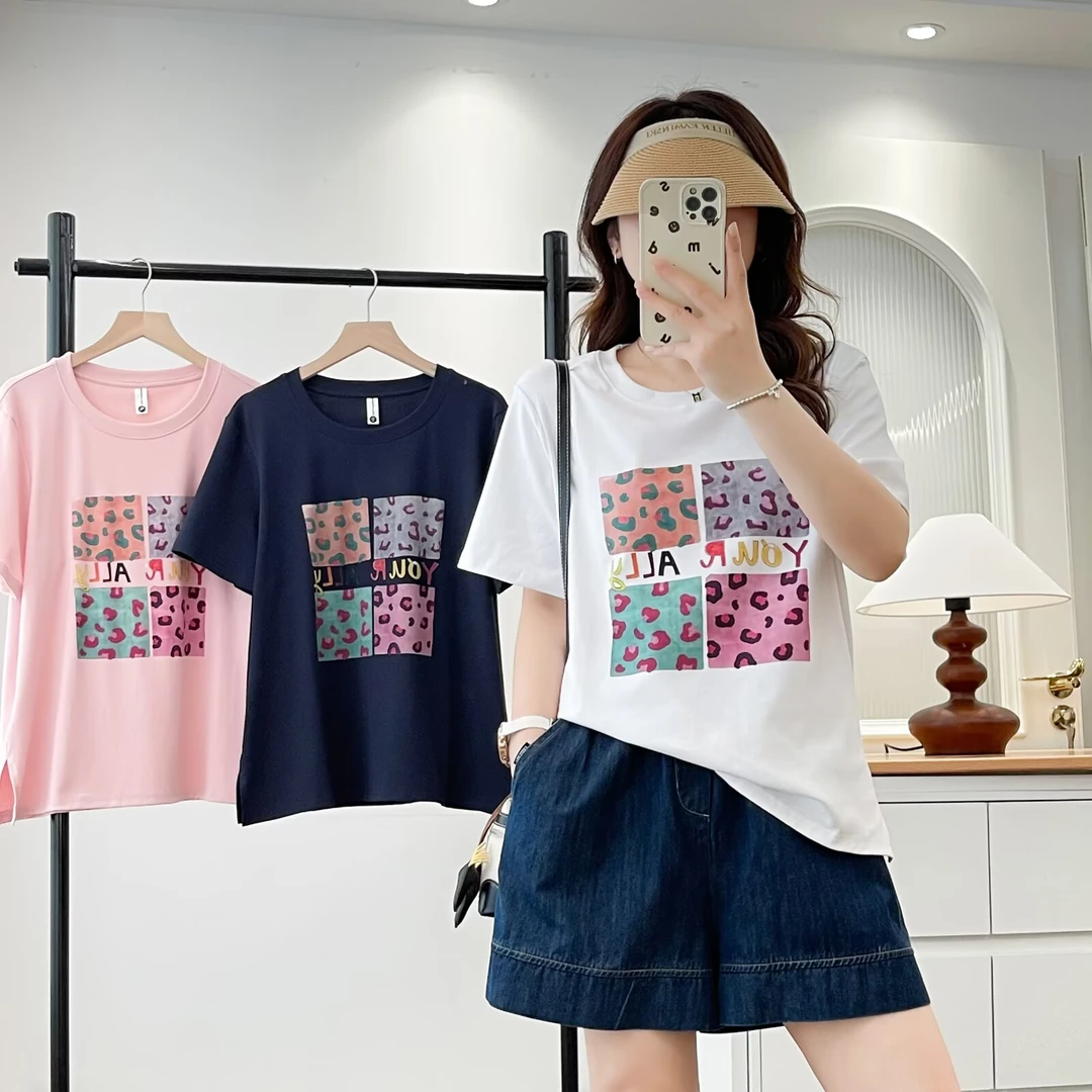 莘莘大码     夏季薄圆领短袖印花宽松显瘦吸汗豹纹重工T恤