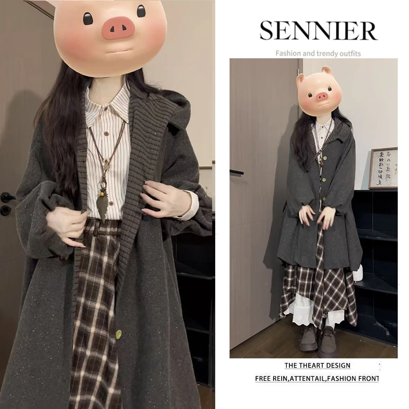 秋季穿搭女2025新款韩版中长款连帽外套衬衫不规则半身裙三件套装