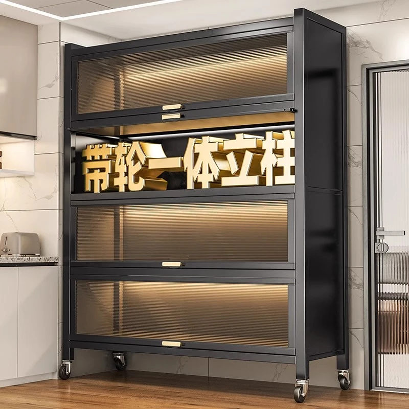 带轮厨房钢制收纳柜一体立柱储物柜多层落地置物架可移动橱柜碗柜