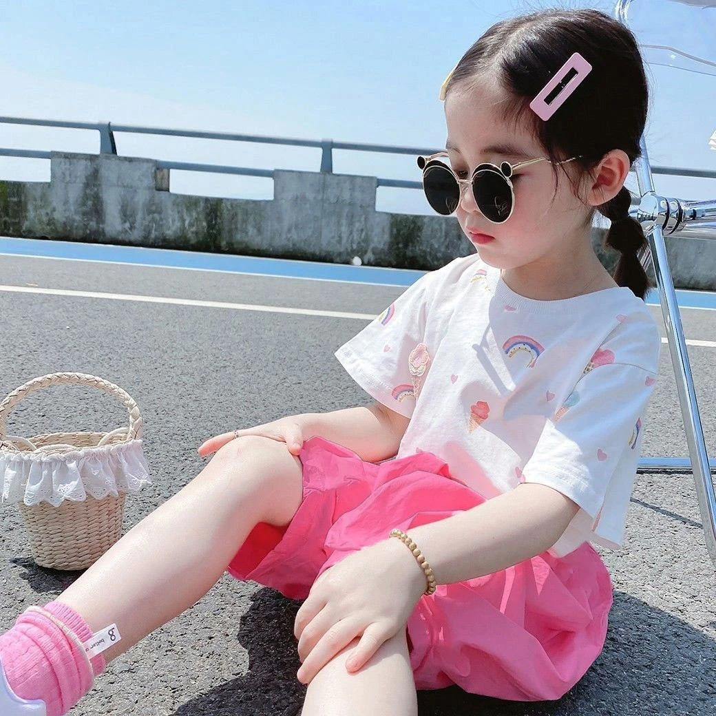 聚荣【可爱风】女童短袖T恤套装2025夏季百搭上衣女童韩版5分哈伦裤