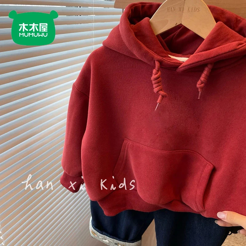 木木屋男女童秋冬款加绒连帽红色一体绒卫衣儿童纯色喜庆拜年服潮