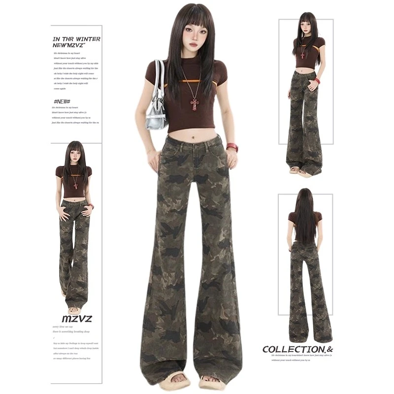 美式复古迷彩微喇牛仔裤女春夏季低腰宽松显瘦辣妹工装喇叭裤子
