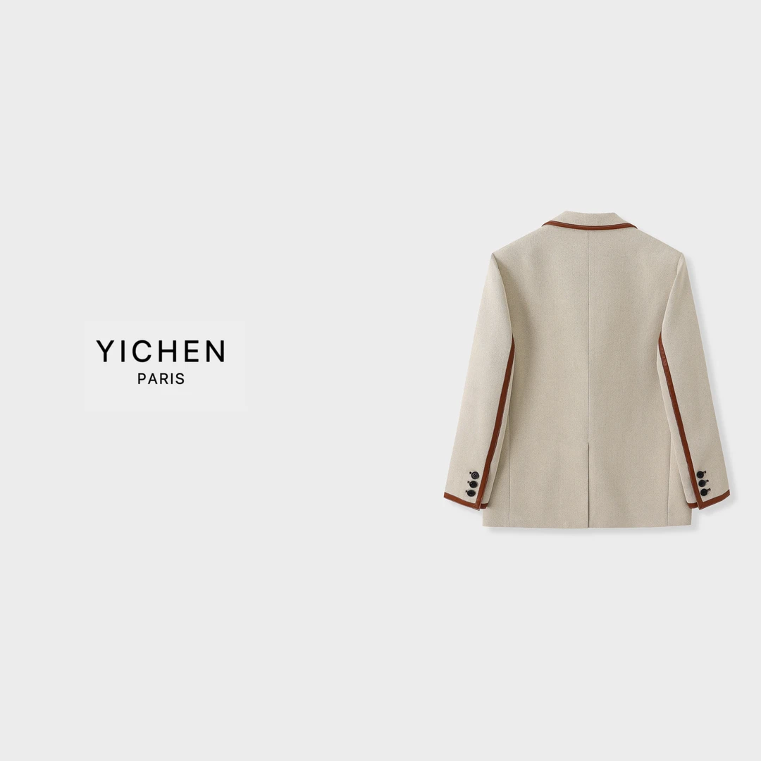 YC 卡其色拼皮字母徽标双口袋宽松西装外套-1765