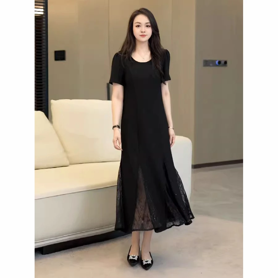 高级感气质显瘦长款鱼尾裙女2025年夏季新款拼接遮肚短袖连衣裙