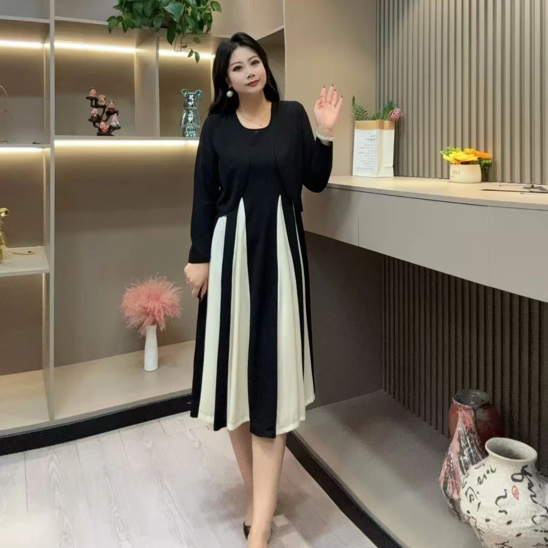 秋季连衣裙套装-檬 8059时尚潮流收腰拼接设计胖MM大码女装新款
