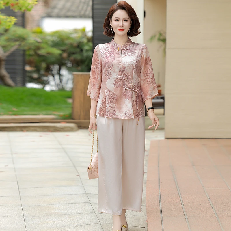中年妈妈装新中式国风夏季母亲节套装新款洋气上衣服中老年女装