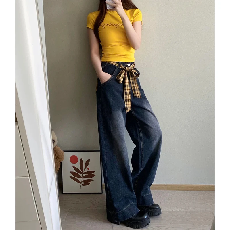 大码高腰宽松美式复古牛仔裤女夏季新款阔腿黑灰色格子拼接直筒裤