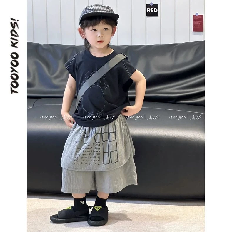 男童夏季新款套装日系百搭涂鸦宽松坎肩背心凉爽印花屁帘裤848
