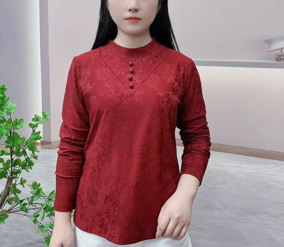 提花加绒半高领打底衫冬季新款妈妈装保暖长袖上衣