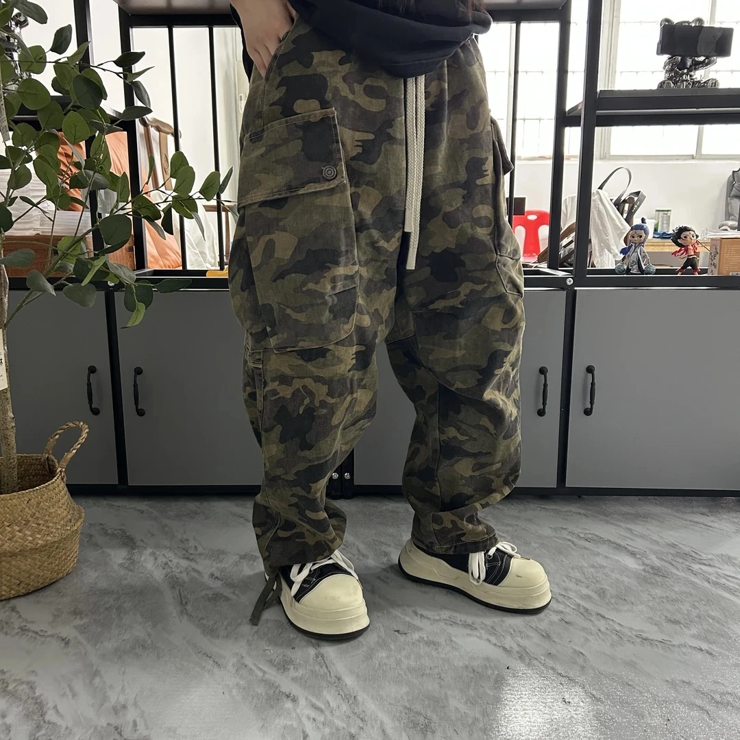 春秋新款美式高街复古风迷彩直筒休闲裤男流浪丹宁风运动工装裤