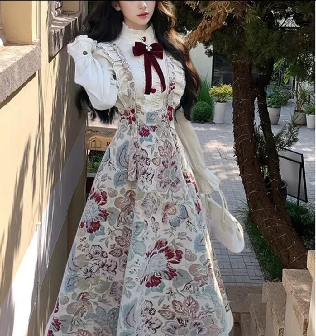 2025大码法式复古碎花背带裙衬衫两件套春季新款