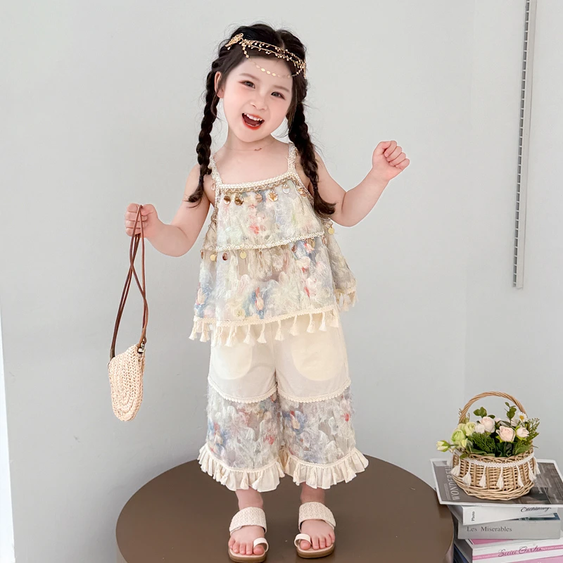 女童波西米亚套装夏季2025新款民族风洋气T恤蕾丝半身裙异域风
