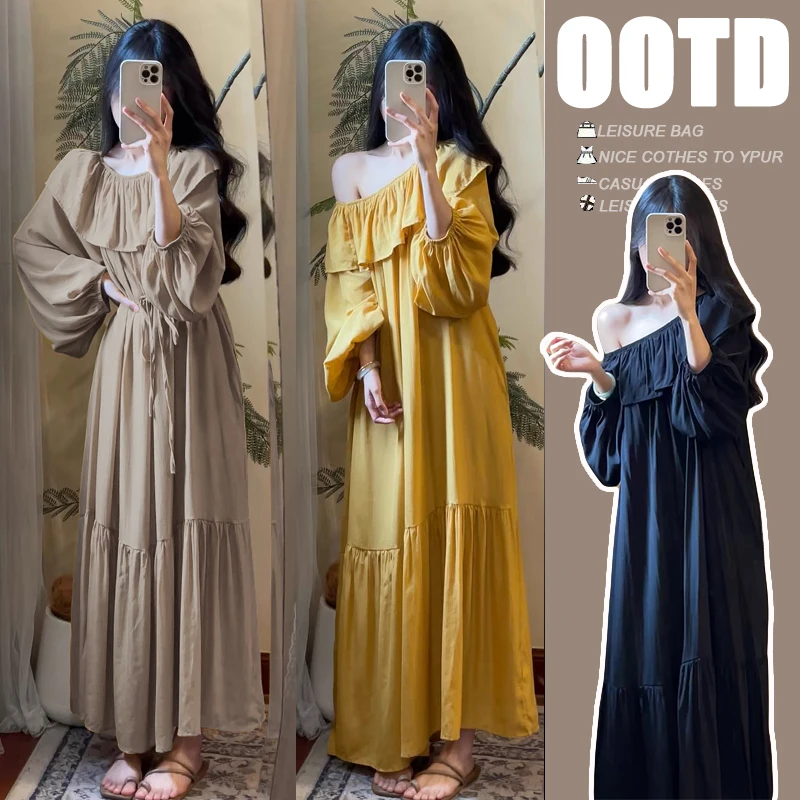 孕妇装秋夏装新款时髦一字领露肩系带收腰显瘦荷叶边孕妇连衣裙潮