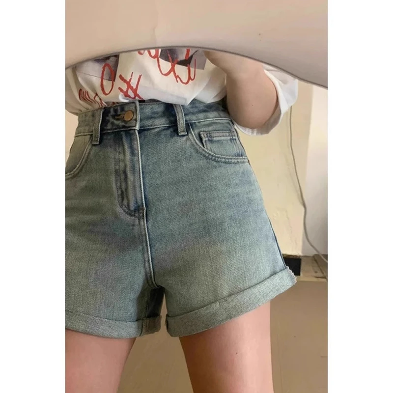 胖妹妹大码蓝色牛仔短裤女高腰卷边薄款小个子显瘦梨形a字热裤夏