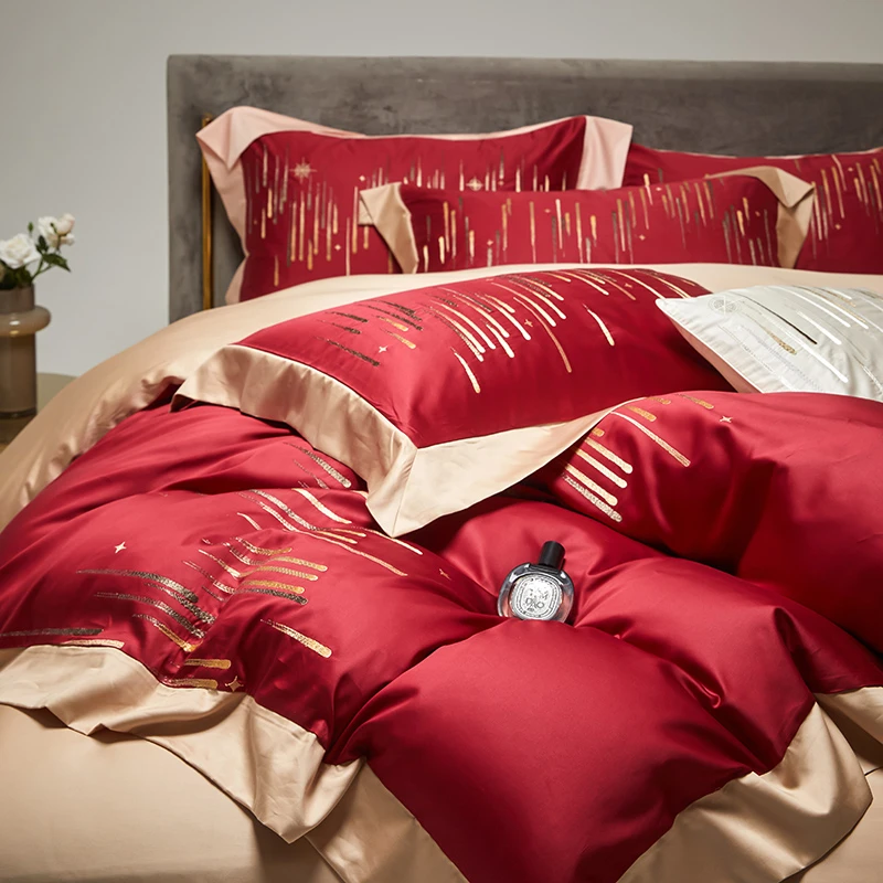 水星高端系列家纺高档大红色结婚贡缎长绒棉四件套全棉纯棉被套亲