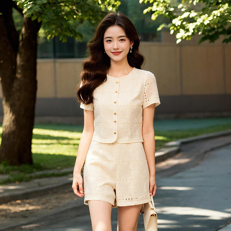 【奢姿】大码女装2025夏季名媛气质小香风镂空两件套胖妹妹时尚套装