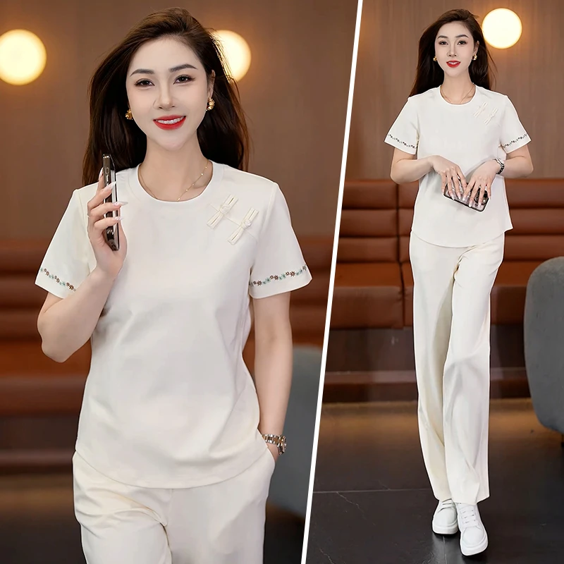 运动套装女夏季2025新款时尚宽松洋气女士国风短袖长裤休闲两件套