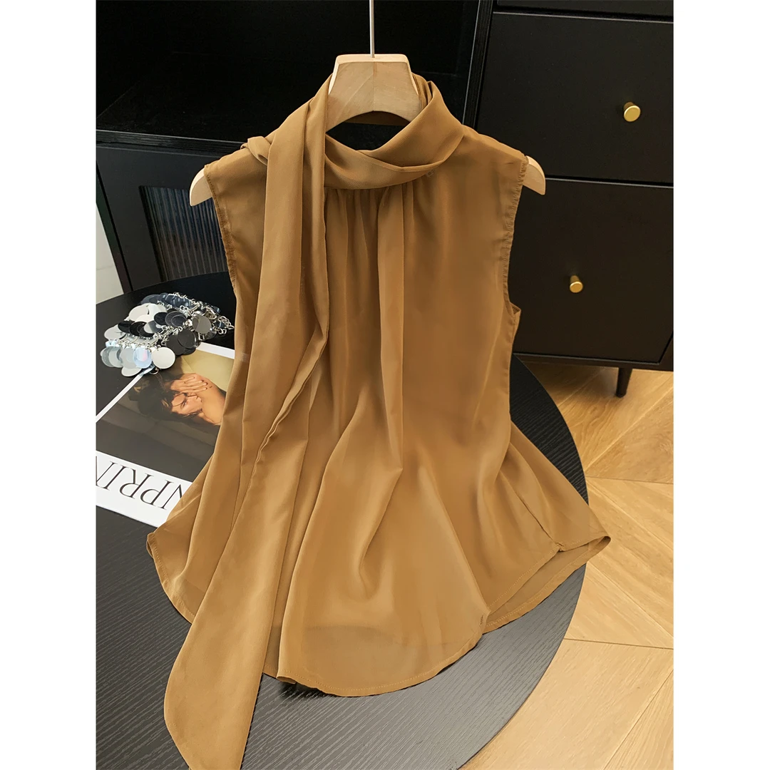 时尚休闲绝美卡其色垂感飘带领无袖背心衬衫女夏简约洋气减龄上衣