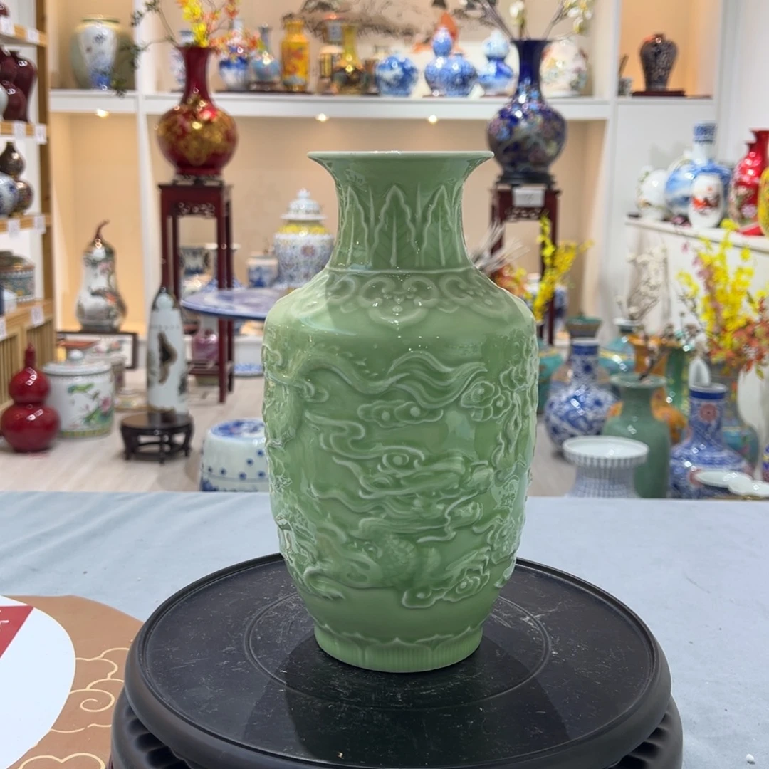 陶摆件25cm雕刻龙凤呈祥冬瓜瓶