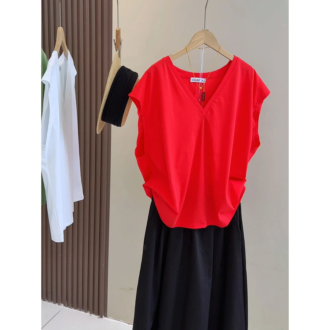 设计感纯棉无袖V领短袖T恤女显瘦V领上衣夏纯色透气百搭通勤