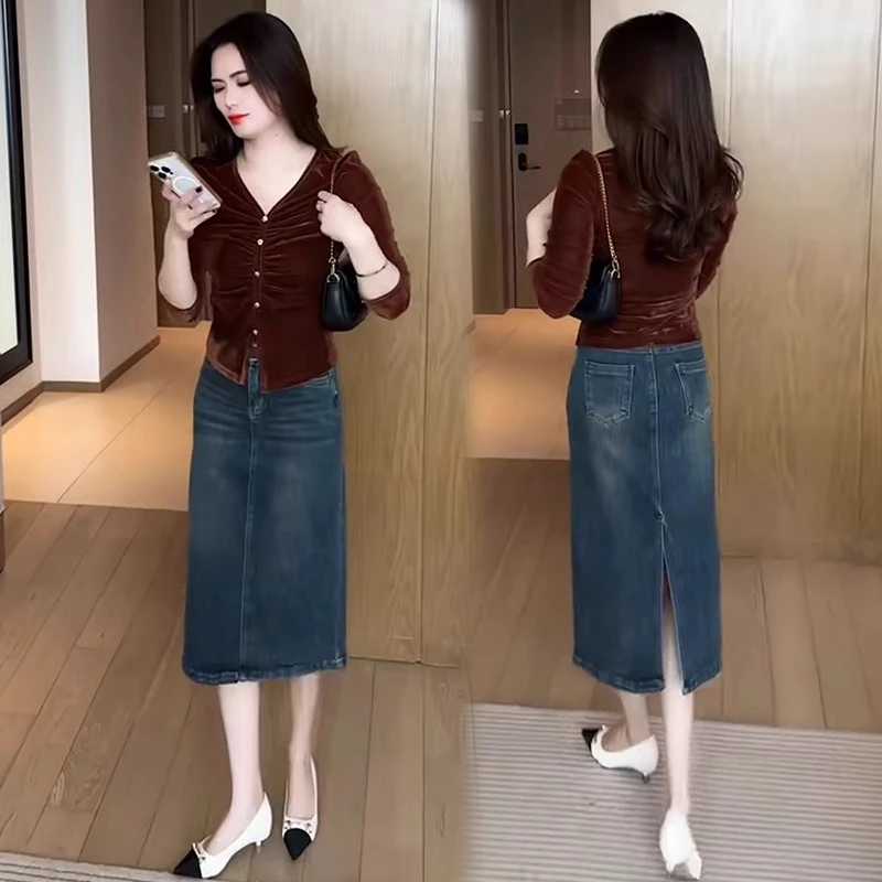 设计感长袖T恤女2025春季新款时尚气质显瘦v领小衫轻奢金丝绒上衣