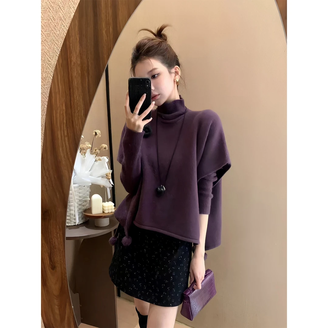 韩系宽松慵懒风圣诞红高领针织斗篷披肩女秋冬季打底内搭上衣套装