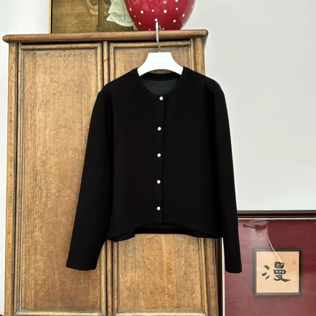 MYL2025春季新品涤棉黑色外套圆领长袖单排扣纯色休闲宽松上衣