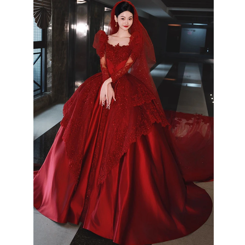 【专柜品质】红色主婚纱礼服2025新款新娘2024女高级重工出门纱小