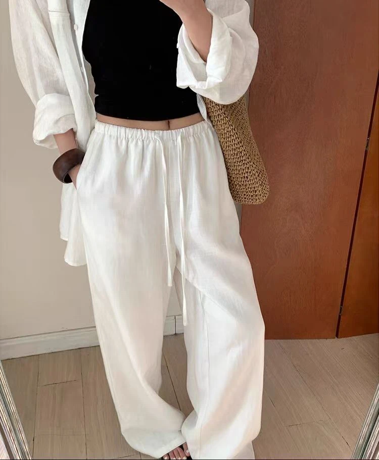 601-690找到对应编号高端亚麻阔腿裤女夏季宽松显瘦直筒抽绳百搭