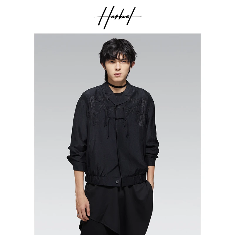 HERBEL/黑白春季新款醋酸复古设计夹克cleanfit肌理男士外套长197