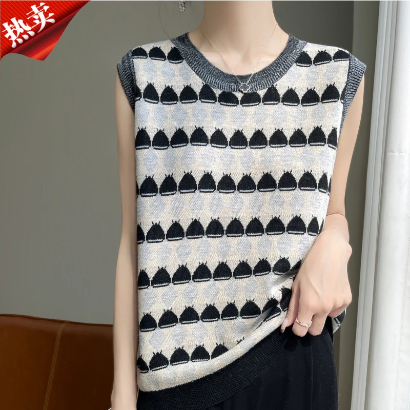 2025新款纯棉菠萝提花无袖针织衫时尚百搭背心打底衫上衣夏