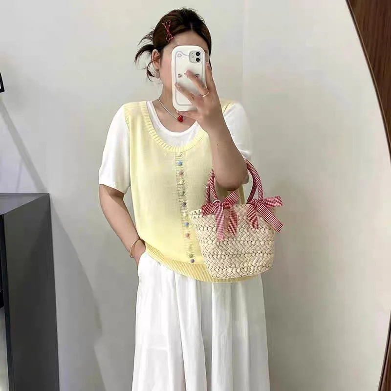 妮妮家8351夏季新款设计感单排彩扣假两件短袖t恤