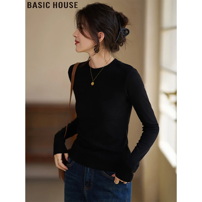 Basic House/百家好简约圆领长袖T恤气质修身内搭打底衫女装秋冬